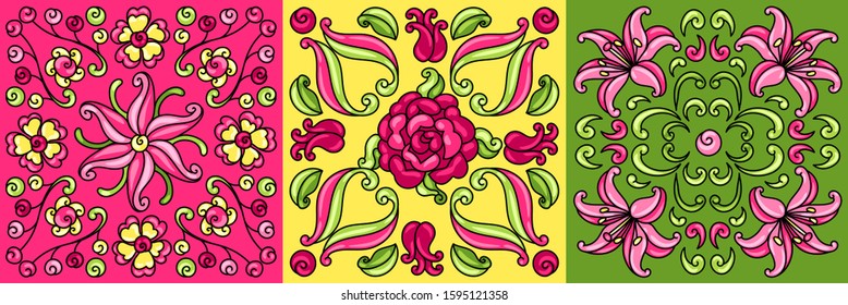 Mexican talavera ceramic tile pattern with flowers. Beautiful decorative buds and leaves. Traditional ethnic folk ornament.