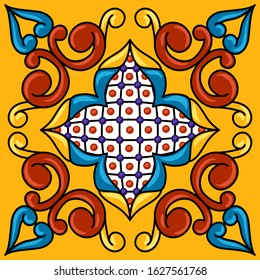 Mexican talavera ceramic tile pattern. Decoration with ornamental flowers. Traditional decorative objects. Ethnic folk ornament.