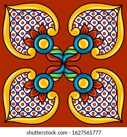 Mexican talavera ceramic tile pattern. Decoration with ornamental flowers. Traditional decorative objects. Ethnic folk ornament.