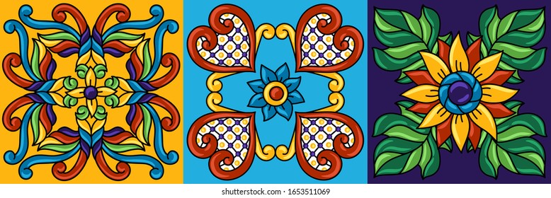 Mexican talavera ceramic tile pattern. Decoration with ornamental flowers. Traditional decorative objects. Ethnic folk ornament.