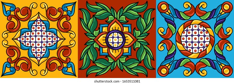 Mexican talavera ceramic tile pattern. Decoration with ornamental flowers. Traditional decorative objects. Ethnic folk ornament.