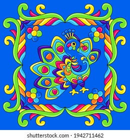 Mexican talavera ceramic tile pattern with tropical peacock. Traditional decorative objects.