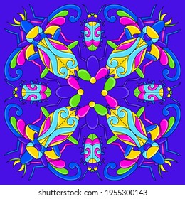 Mexican talavera ceramic tile pattern with stylized bugs and insects. Traditional decorative objects.