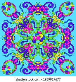 Mexican talavera ceramic tile pattern with stylized bugs and insects. Traditional decorative objects.