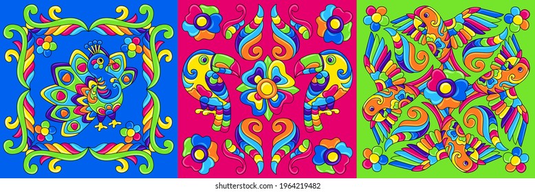 Mexican talavera ceramic tile pattern with tropical birds. Traditional decorative objects. Ethnic folk ornament. Decoration with ornamental flowers.