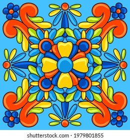 Mexican talavera ceramic tile pattern. Decoration with ornamental flowers. Background with mexican talavera pattern. Decoration with ornamental flowers.