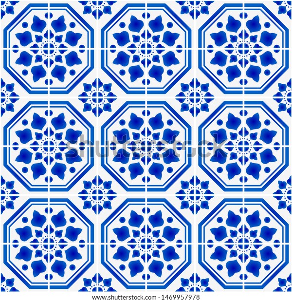 メキシコのタラベラの陶磁器のタイル柄 イタラインの陶芸デコール ポルトガルのアズレホのシームレスなデザイン カラフルなスペインのマジョリカ装飾 青と白のアンティーク壁紙 ベクターイラスト のベクター画像素材 ロイヤリティフリー