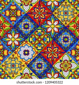 Mexican talavera ceramic tile seamless pattern. Ethnic folk ornament. Italian pottery, portuguese azulejo or spanish majolica.