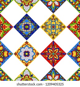 Mexican talavera ceramic tile seamless pattern. Ethnic folk ornament. Italian pottery, portuguese azulejo or spanish majolica.