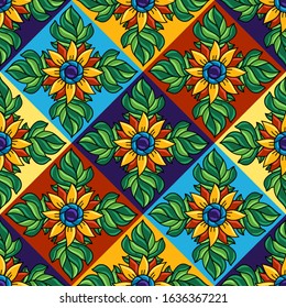 Mexican talavera ceramic tile seamless pattern. Decoration with ornamental flowers. Traditional decorative objects. Ethnic folk ornament.