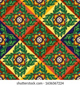 Mexican talavera ceramic tile seamless pattern. Decoration with ornamental flowers. Traditional decorative objects. Ethnic folk ornament.