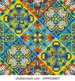 Mexican talavera ceramic tile seamless pattern. Decoration with ornamental flowers. Background with mexican talavera pattern. Decoration with ornamental flowers.