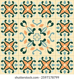 Mexican Talavera ceramic tile seamless pattern with floral ornament. Vintage Talavera tile design with intricate blue and yellow flowers
