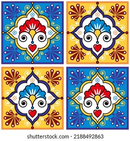 Mexican talavera ceramic tile vector seamless pattern with flowers, hearts and swirls inspired by folk art from Mexico. Pottery inspired retro decor perfect for wallpaper, textile or fabric print