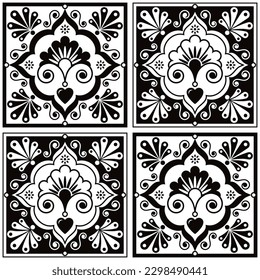 Vector cerámico de talavera mexicano, sin fisuras, de color blanco y negro con flores, corazones y remolinos inspirados en el arte folclórico mexicano. Decoración retro inspirada en la alfarería monocromática, perfecta para papel pintado