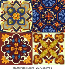 Baldosas Cerámicas de Talavera Mexicana. Maiólica española. Coloridas etiquetas decorativas para azulejos con motivos florales. Arte folclórico mexicano.