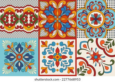 Mexican Talavera Ceramic Tiles. Spanish Maiolica. Colorful decorative stickers for tiles with floral patterns. Mexican folk art.