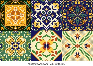 Mexican Talavera Ceramic Tiles. Spanish Maiolica. Colorful decorative stickers for tiles with floral patterns. Ethnic folk ornament.