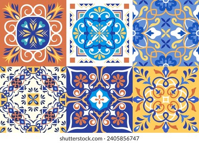 Baldosas Cerámicas de Talavera Mexicana. Maiólica española. Coloridas etiquetas decorativas para azulejos con motivos florales. Arte folclórico mexicano.