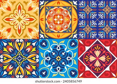 Mexican Talavera Ceramic Tiles. Spanish Maiolica. Colorful decorative stickers for tiles with floral patterns. Mexican folk art.