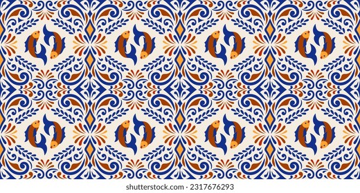 Mexican Talavera Ceramic Tiles tile pattern with fishes. Spanish Maiolica. Ethnic seamless pattern with folk ornament.