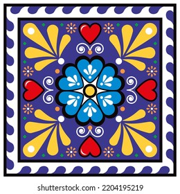 Mexican talavera cermic tile vector single and seamless pattern with florals and leaves, traditional background inspired by folk art from Mexico. Retro decor perfect for wallpaper, textile art