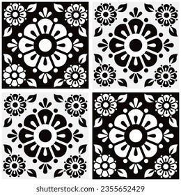 Mexican talavera cute floral tile vector seamless pattern with black and white flowers and leaves backround, retro home decoration
