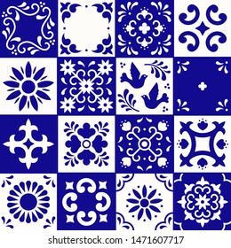 Mexican talavera pattern. Ceramic tiles with flower, leaves and bird ornaments in traditional style from Puebla. Mexico floral mosaic in navy blue and white. Folk art design.