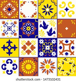 Mexican talavera pattern. Ceramic tiles with flower, leaves and bird ornaments in traditional style from Puebla. Mexico floral mosaic in navy blue, red, yellow and white. Folk art design.