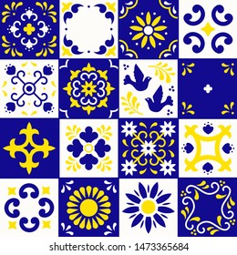Mexican talavera pattern. Ceramic tiles with flower, leaves and bird ornaments in traditional style from Puebla. Mexico floral mosaic in blue, yellow and white. Folk art design.