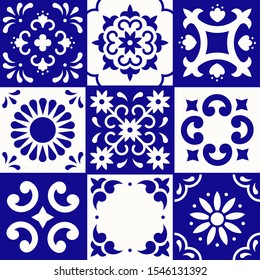 Mexican talavera pattern. Ceramic tiles in traditional style from Puebla. Mexico floral mosaic in blue and white. Folk art design.