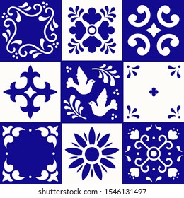 Mexican talavera pattern. Ceramic tiles in traditional style from Puebla. Mexico floral mosaic in blue and white. Folk art design.