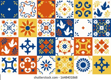 Mexican talavera pattern. Ceramic tiles with flower, leaves and bird ornaments in traditional majolica style from Puebla. Mexico floral mosaic in classic blue and white. Folk art design.