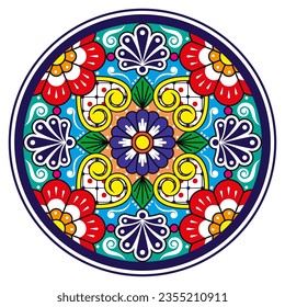 Diseño mandala estilo platillo Talavera mexicano, fondo decorativo inspirado en diseños tradicionales de México en círculo. Diseño repetitivo de arte folclórico ondulado vibrante con flores