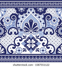 Mexican Talavera Poblana vector seamless pattern, repetitive background inspired by traditional pottery and ceramics design from Mexico in navy blue. 
Traditional ornament inspired by Mexican art