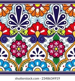 Mexican Talavera pottery or ceramics inspired vector seamless pattern with flowers and leaves - folk art from Mexico. Traditional vibrant repetitive design perfect for textile or fabric print

