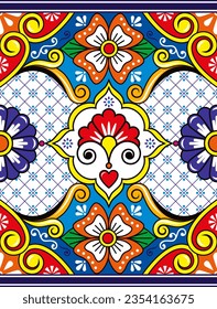 Mexican talavera pottery or ceramics inspired vector seamless pattern, folk art design from Mexico. Unique rectangle decorative background with floral motif - wallpaper, textile or fabric print

