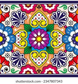 Mexican Talavera pottery or ceramics style vector seamless pattern, textile or fabric print decorative background inspired by traditional designs from Mexico. Colorful folk art repetitive design 