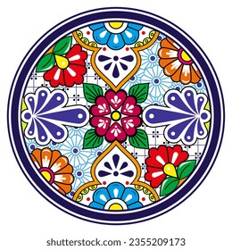 Mexican Talavera pottery or ceramics style vector plate design, round decorative background inspired b.Colorful mandala, decorative folk art repetitive design with flowers, leaves, swirls 