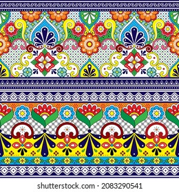 Mexican Talavera pottery vector seamless pattern collection, textile or fabric print decorative background inspired by traditional ceramics design from Mexico. Colorful folk art wallpaper design 