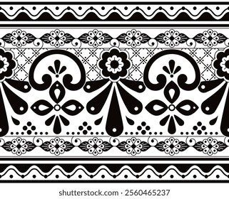 Mexican Talavera pottery vector seamless pattern in black and white, textile or fabric print decorative background inspired by traditional ceramics design from Mexico 
