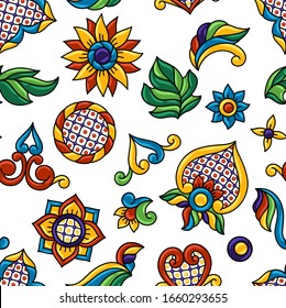 Mexican talavera seamless pattern. Decorative background with ornamental flowers. Traditional tile decorative objects. Ethnic folk ornament.