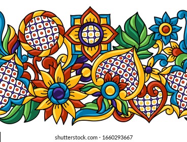 Mexican talavera seamless pattern. Decorative background with ornamental flowers. Traditional tile decorative objects. Ethnic folk ornament.