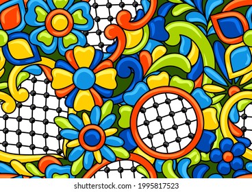 Mexican talavera seamless pattern. Decorative background with ornamental flowers. Background with mexican talavera pattern. Decoration with ornamental flowers.