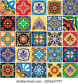 Talleres mexicanos de talavera sin costura vectorial gran patrón de colección, diseño retro colorido conjunto perfecto para papeles pintados, decoración del hogar, textiles o impresiones de tela. Tejas tradicionales inspiradas en el arte folclórico 