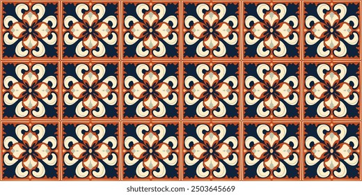 azulejo de cerámica mexicano de talavera de forma cuadrada, turco İznik çinisi, diseño geométrico de textura de adorno. Patrón sin fisuras de Vector