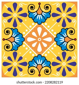 Mexican talavera style ceramic single tile vector seamless pattern with flowers and swrils, textile or fabric print design. Elegant repetitive pattern inspired by folk art from Mexico in yellow, blue