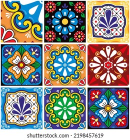 Mexican talavera style seamless tile vector pattern collection with flowers, cool wallpaper, decorative tiles big set design. Retro floral and geometric decoration, repetitive background

