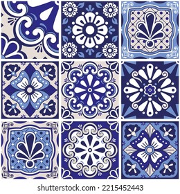 Colección de patrones vectoriales sin fisuras del estilo talavera mexicano con flores, papel pintado fresco, baldosas decorativas diseño de grandes conjuntos en azul marino. Decoración floral y geométrica retro, añil repetitivo