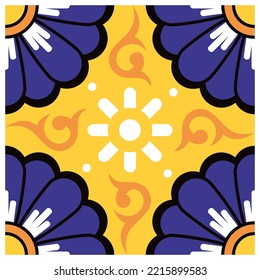 Mexican talavera style tile single and seamless vector pattern with flowers in yellow and navy blue. Floral tiled floral wallpaper, fabric print or textile, decorative background
